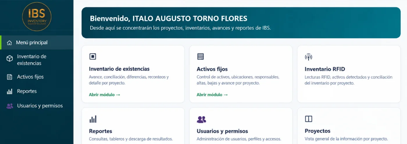 Menú principal del Centro de Control de KIOR con los módulos de existencias, activos fijos, RFID, reportes y proyectos